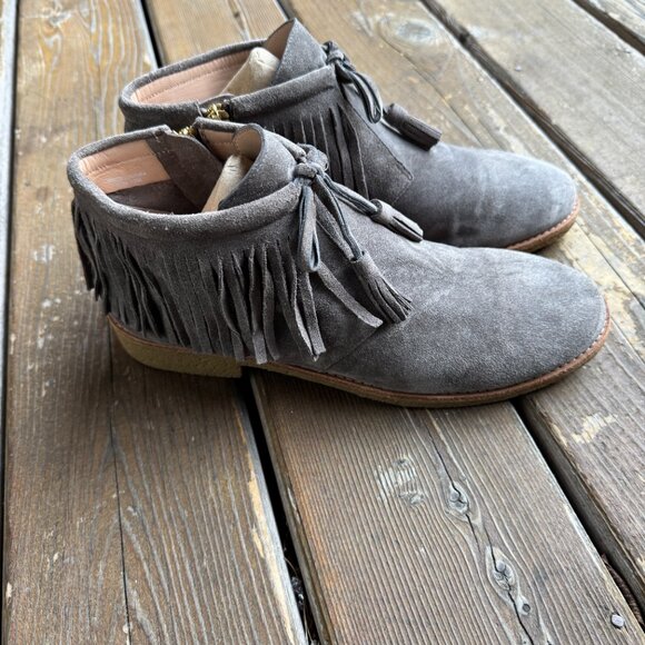 Like New Kate Spade Bitsy Gray Fringe Tassel Suede Moccasin Booties Women's 10M - Picture 10 of 14